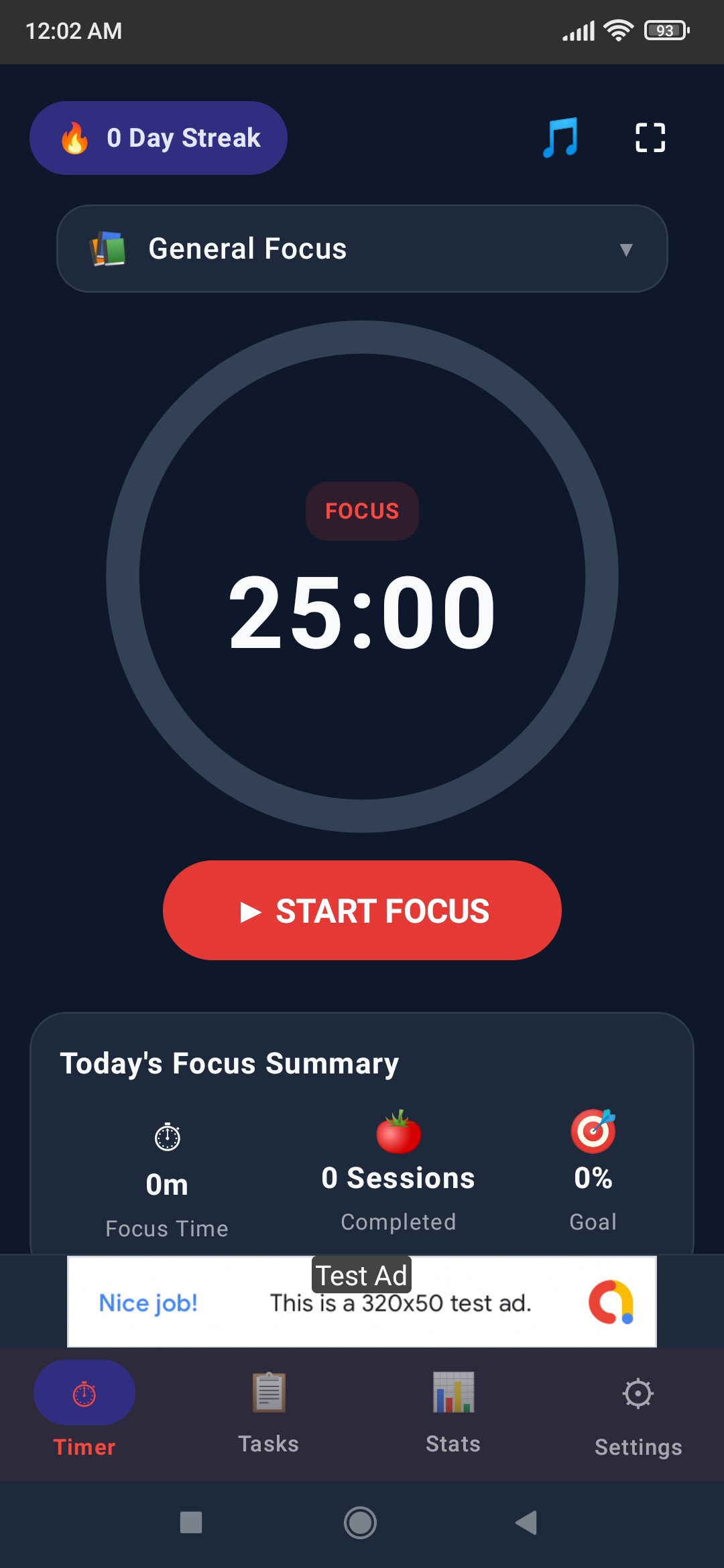 FocusFlow app screenshot showing focus session